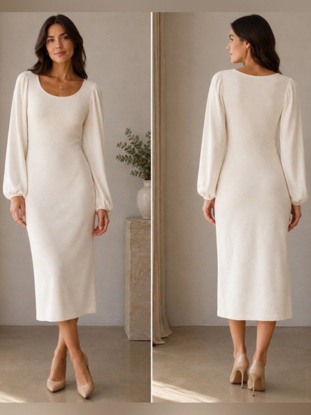 ESCADA Ivory Ribbed Knit Midi Dress EU 42 US 12 L Long Sleeve Made Italy